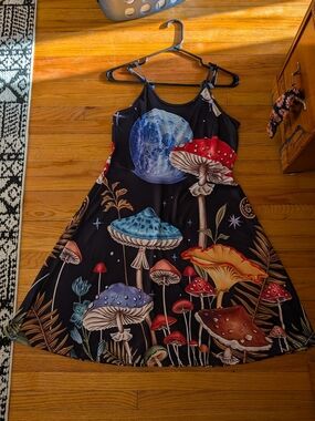 Black Mushroom-Print Mini Dress with Multicolor Caps